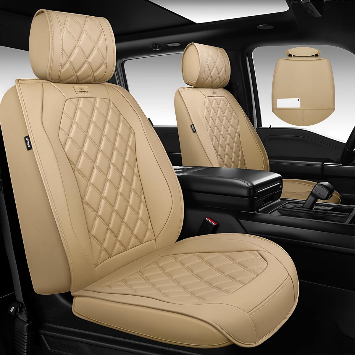 CAR PASS Luxury Nappa Leather Seat Covers Full Set, 3D Rhombus Waterproof Faux Leather Seat Covers, Universal Automotive Seat Cushion Fit for Most Sedan SUV Truck Van, Airbag Compatible Beige