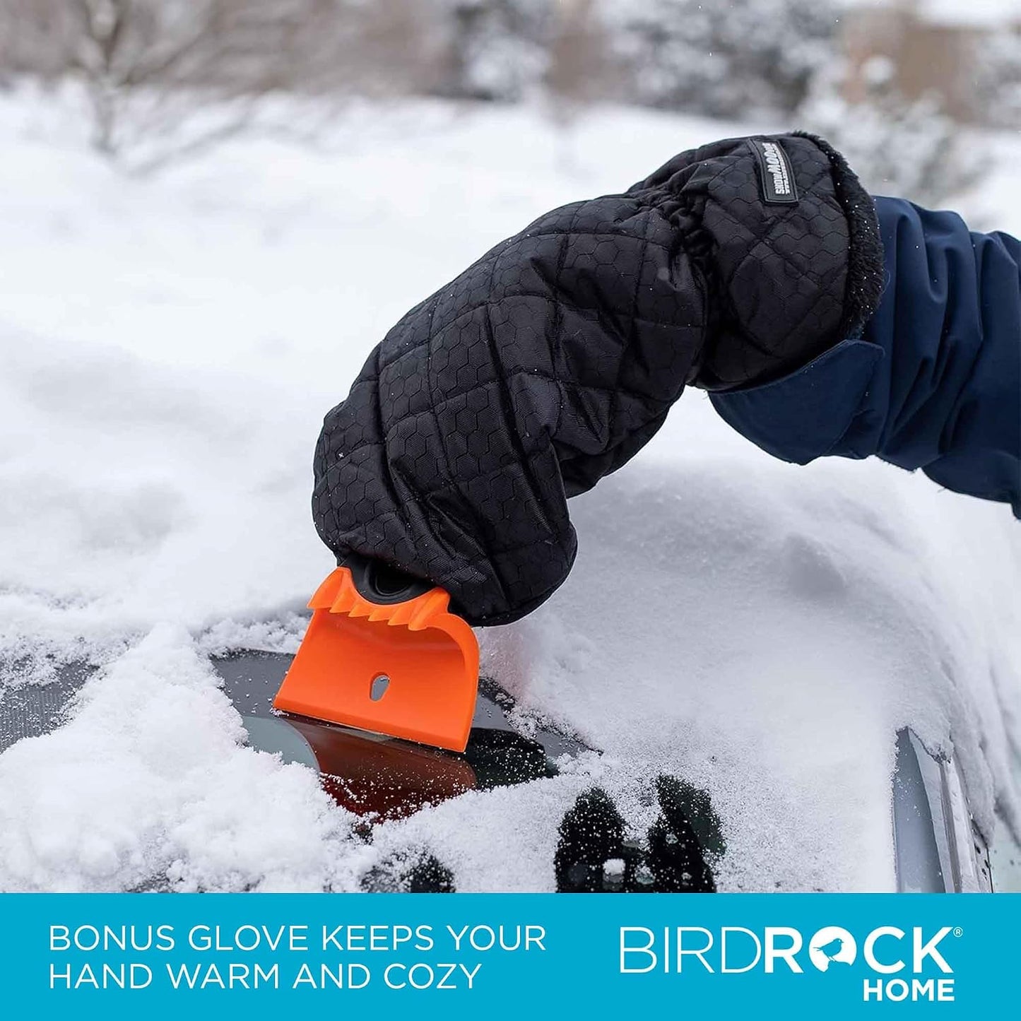 BIRDROCK HOME Ice Scraper & Breaker Combo for Car Windshield & Windows, Water Resistant, Padded Glove, Non-Scratch 4" Blade, ABS Plastic, Ice Remover, Warm & Cozy Waterproof Glove - 1 Pack