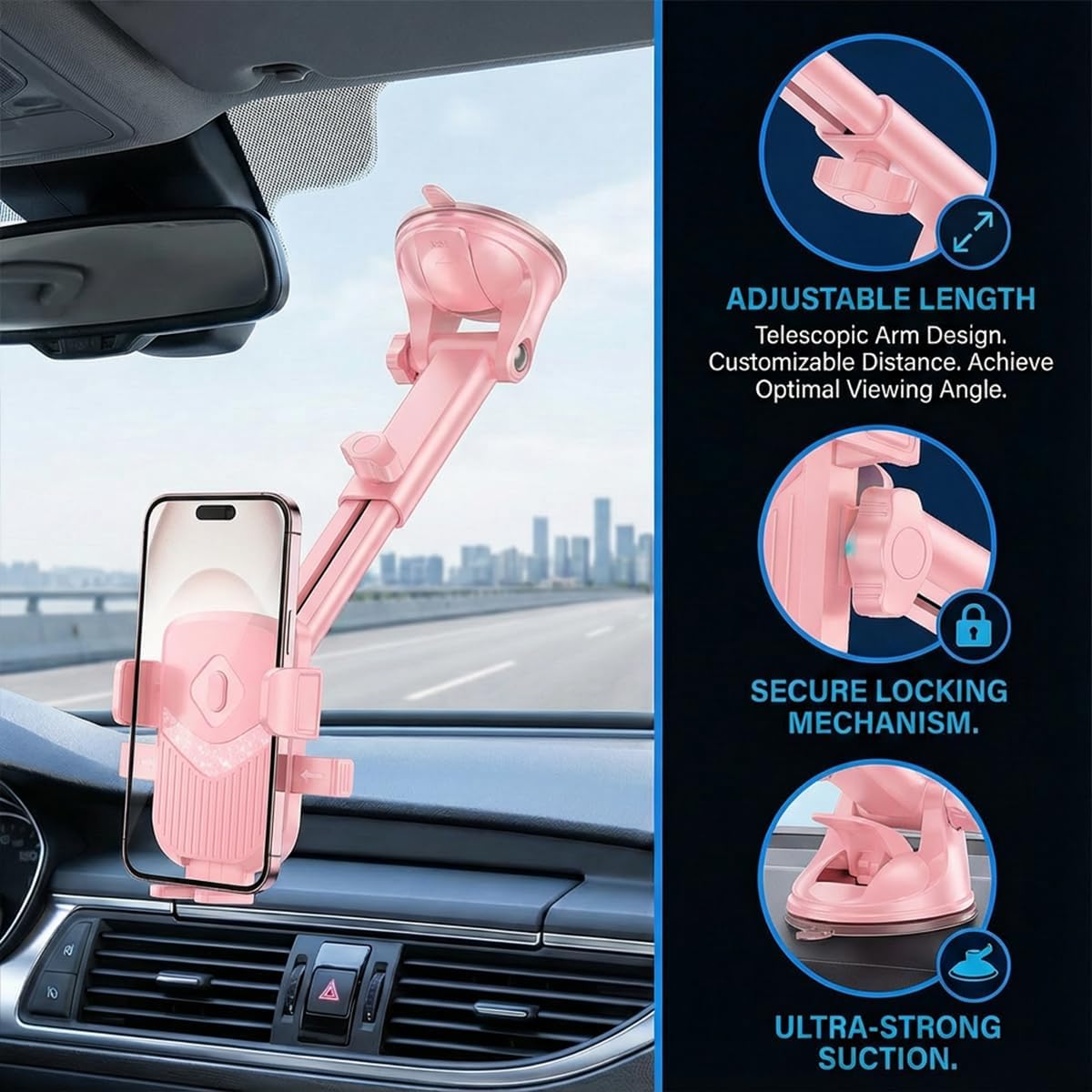Car Phone Holder 360 Rotation Adjustable Smartphone Mount Pink