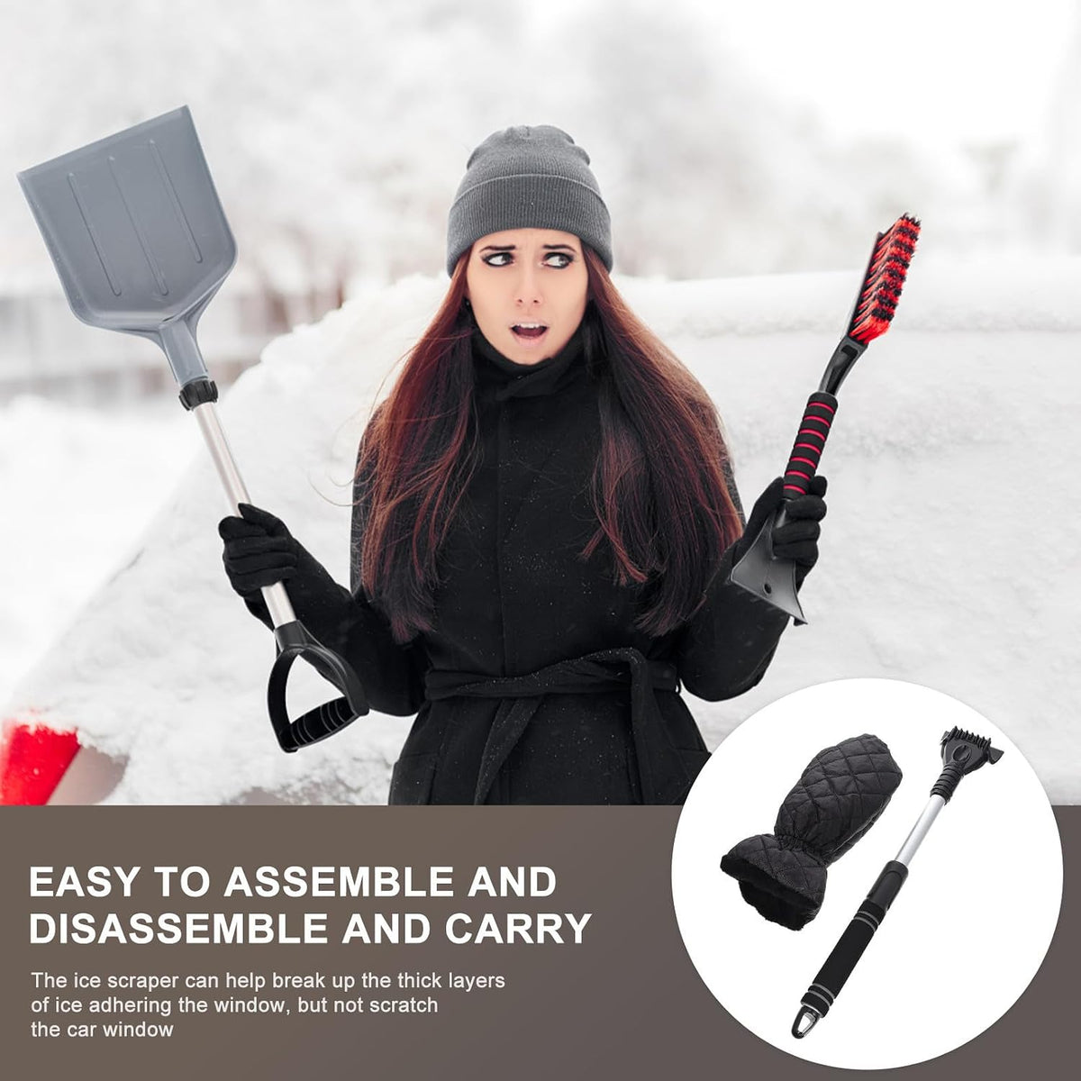 Xmas Car Snow Shovel Gloves, Telescopic Ice Scraper with Brush