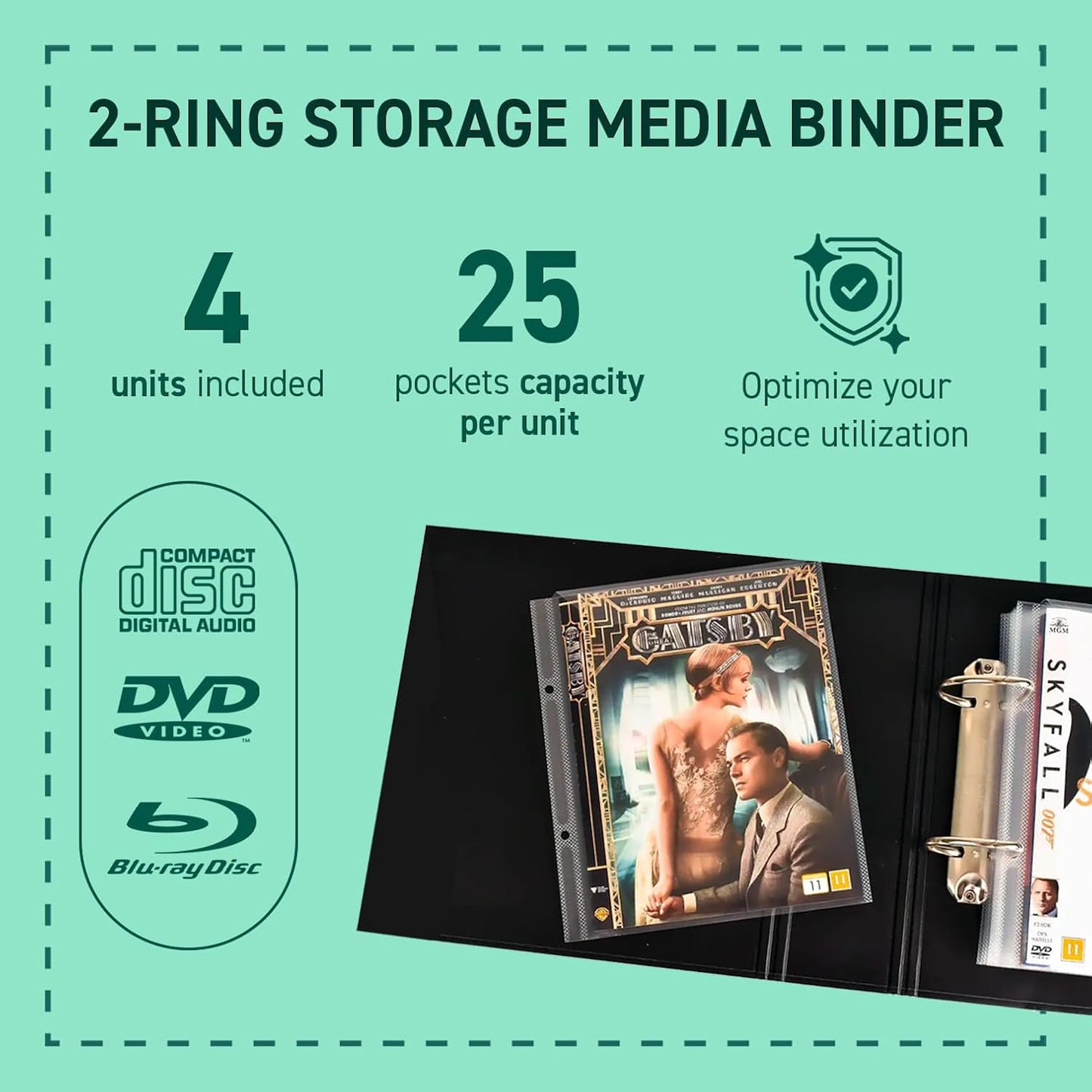 Tarifold 2-Ring Storage Binder for DVD and CD Sleeves, Holds 25 Sleeves, Durable Cardboard, Space-Saving Design, Made in Denmark, Black, Pack of 4