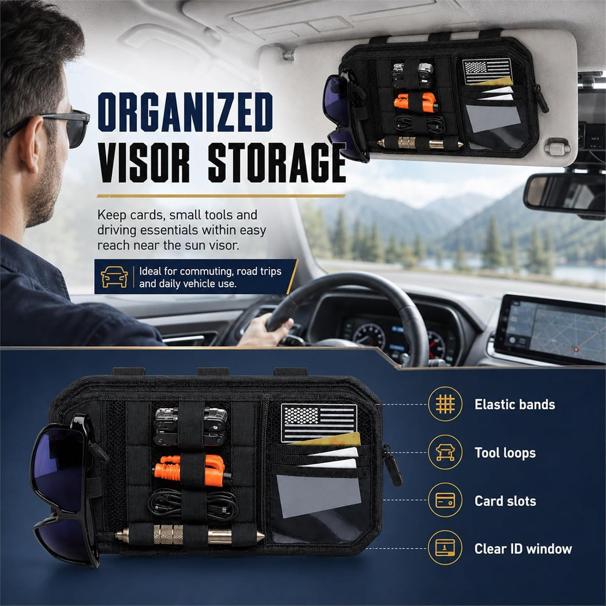GOOGO Car Sun Visor Organizer, Black Nylon MOLLE Panel with Strap-On Pouch