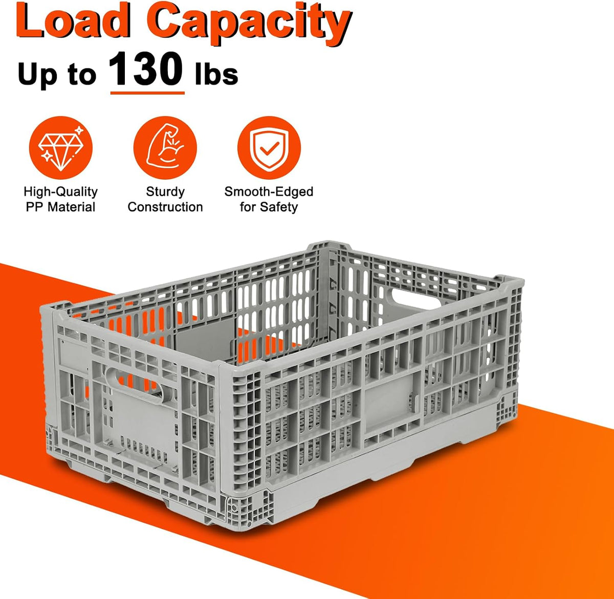 52L Collapsible Crate with Handles, Milk Crates Heavy Duty,