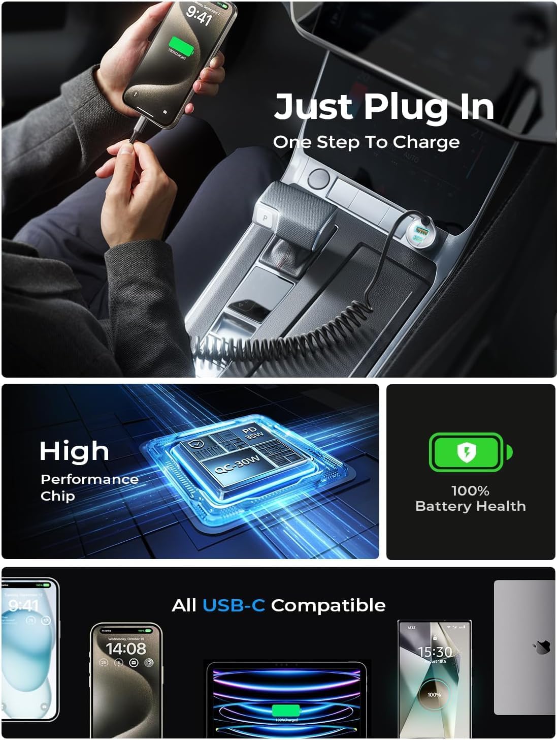 for iPhone 18/17 Pro Max Car Charger USB C Fast Charge with Coiled Cable