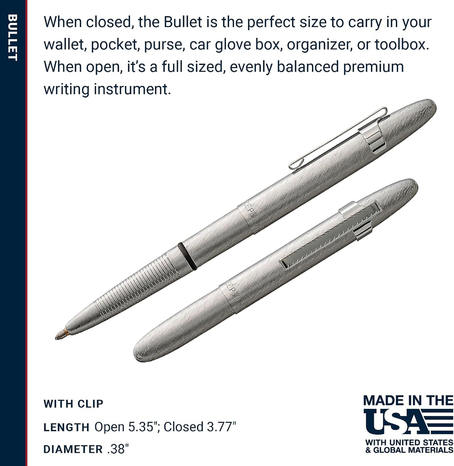 Fisher Space Pen Brushed Chrome Bullet Pen, Pressurized Ballpoint Pen, Compact Size, Writes Upside Down, Extreme Temperatures, Smooth Black Ink, Medium Point, Pocket Clip, Gift Box, Made in USA