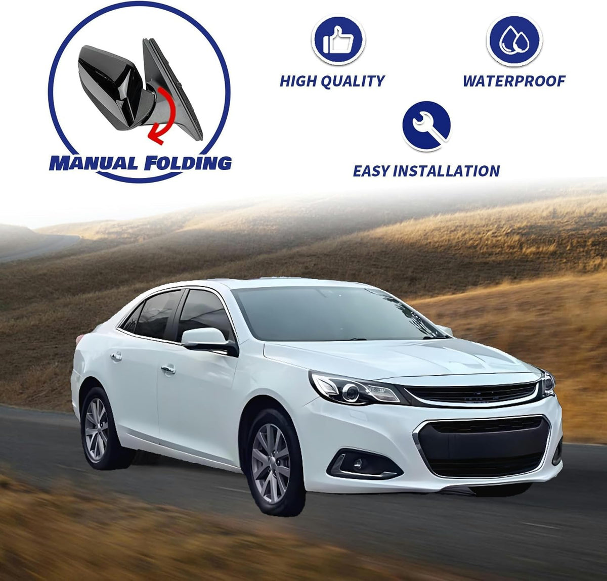 Passenger Side View Mirror Compatible With Chevy Malibu 2016-2021 3 Pins Manual Folding Non Heated Without Signal Light White