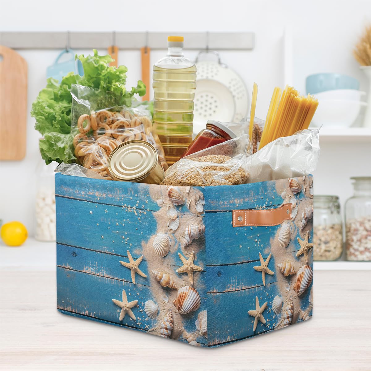 Blue Wooden Board Storage Baskets for Organizing, Fabric Collapsible Storage Bins Box Seashells Decorative Toy Organizer Baskets for Closet Shelves Gift Basket 1 Pc