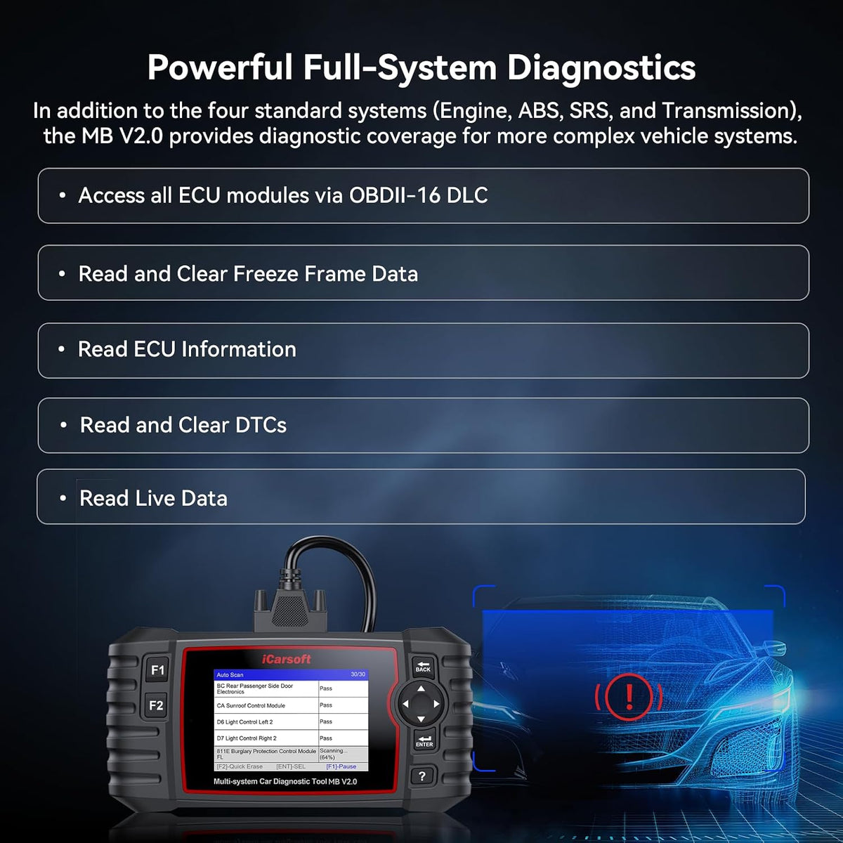 iCarsoft MB V2.0 Full System Diagnostic Scan Tool for Most Mercedes Benz from 1996-Present OBD2 Scanner 9 Reset AutoVIN Free Update Car Code Reader with Battery Test CAN FD 15 Languages Plug-and-Play
