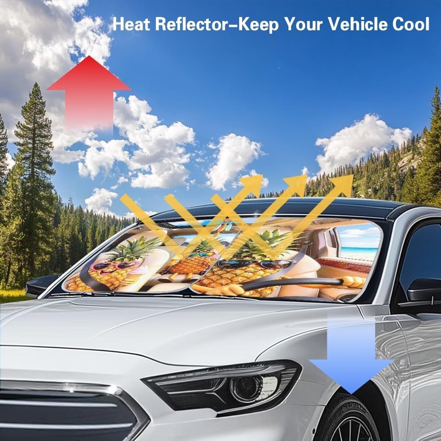 Renewold Car Front Windshield Sun Shade Auto Window Shade Foldable Sunshade Cover Sun Visor Shield Keep Vehicle Cool Funny Tropical Pineapple Easy Install Hawaii Summer Car Interior Accessories 2 Pcs