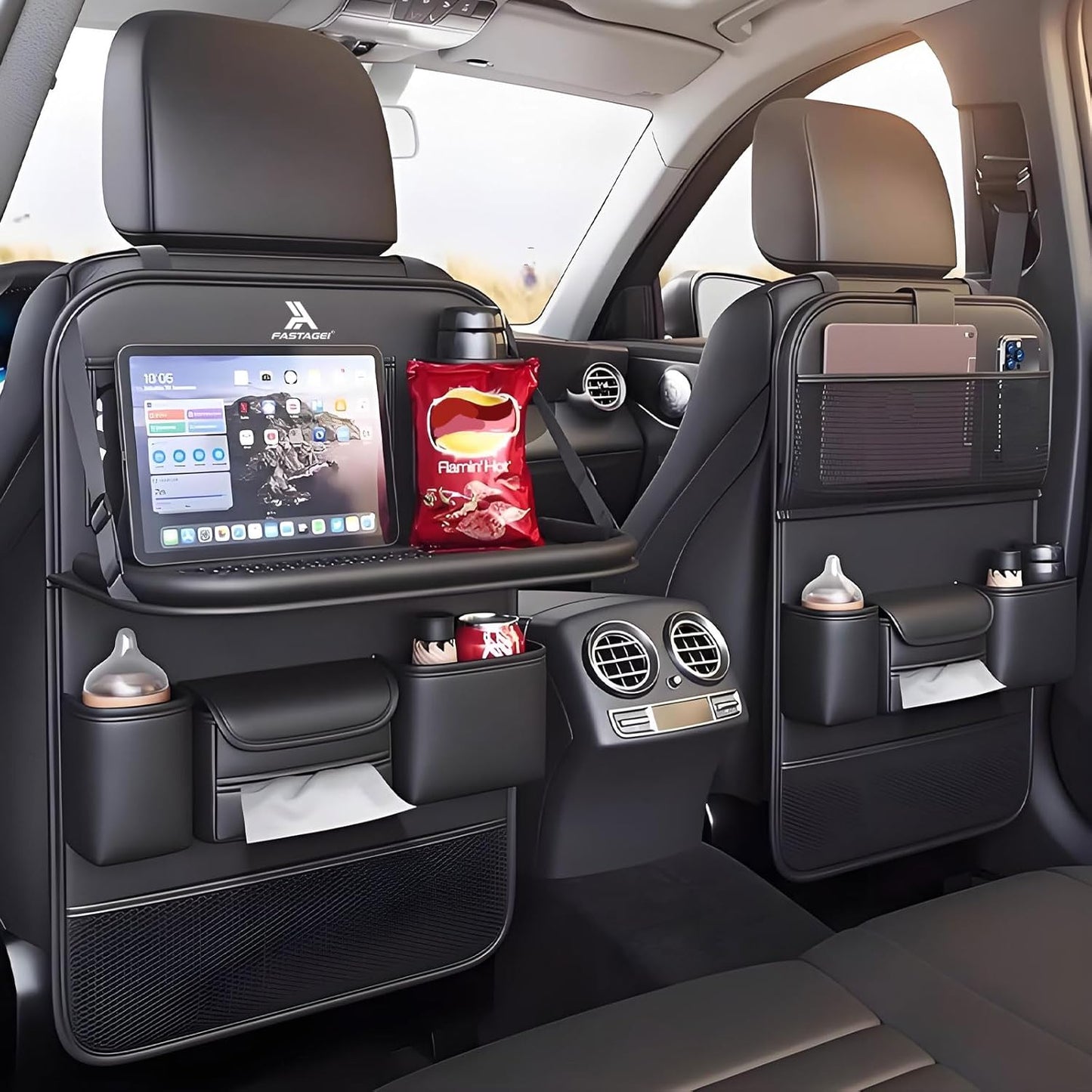 2 Pack Universal Foldable Car Backseat Organizer with Table Tray, Car Seat Back Protector with Touch Screen Phone Holder, Premium Leather Kick Mats with Storage Pockets Tissue Box (Black)