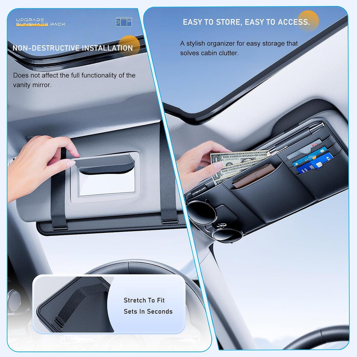 Tumecos Car Sun Visor Organizer, Auto Consoles Organizer with Sunglass Holder,Multi-Pocket Visor Accessories for Truck, SUV，Card/Pen/Driver's License Holder