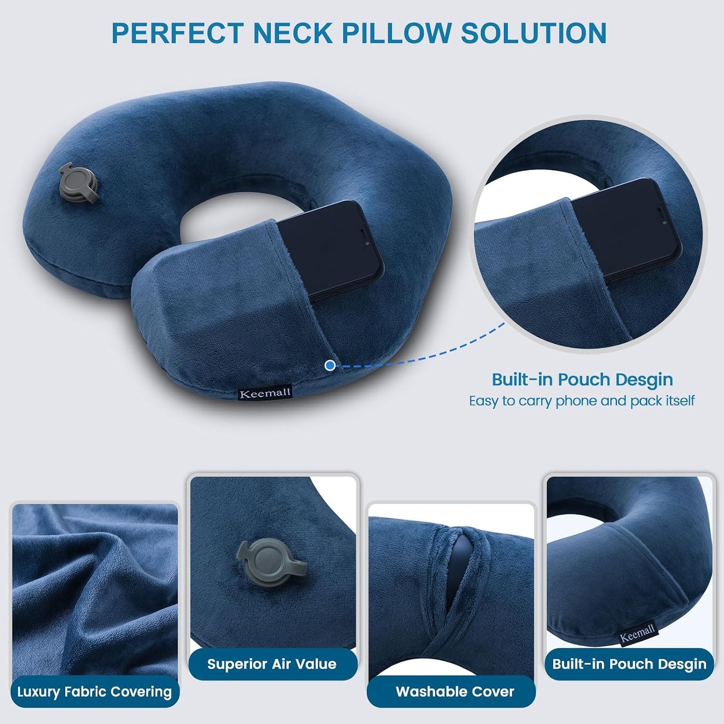 Keemall Travel Neck Pillow for Airplane, Compact Inflatable Neck Pillow for Traveling Long Flights, Adjust Firmness Neck Suport Pillow for Sleeping Plane Head Rest for Travel Accessories,Deep Blue