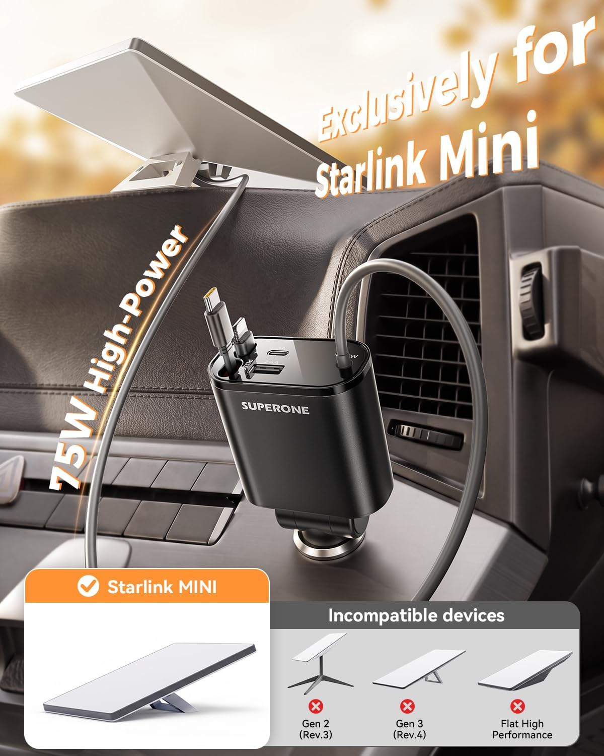 SUPERONE Retractable Car Charger with DC Port for Starlink Mini &Dual Cable