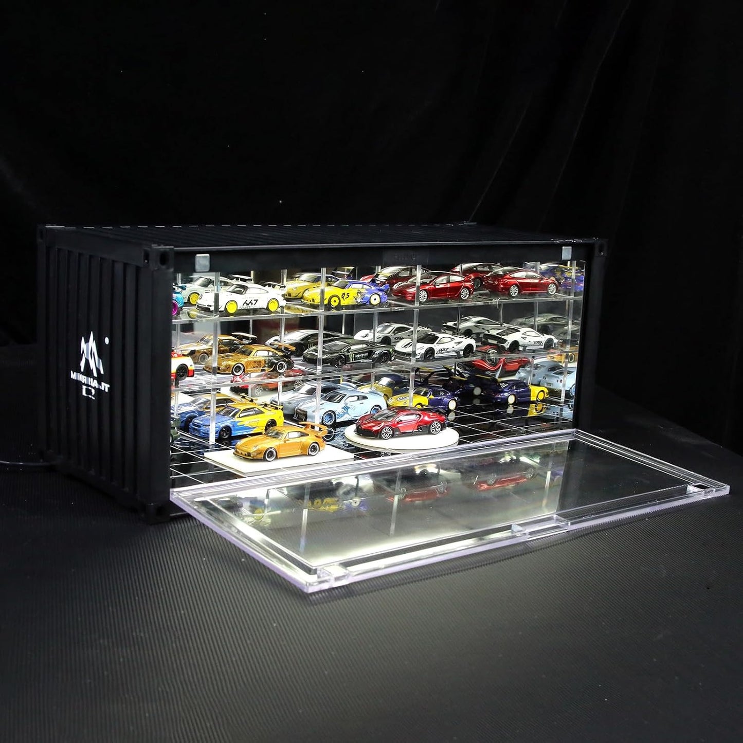 1/64 Scale Display Case with LED Light–Container Box Style Garage Diorama | Compatible with Hot Wheels Matchbox Mini GT Diecast Cars and Storage Stackable, for Model Car and Figures Display