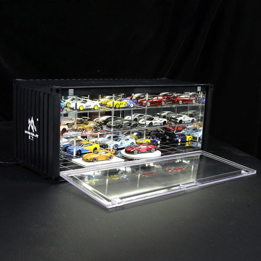 1/64 Scale Display Case with LED Light–Container Box Style Garage Diorama | Compatible with Hot Wheels Matchbox Mini GT Diecast Cars and Storage Stackable, for Model Car and Figures Display