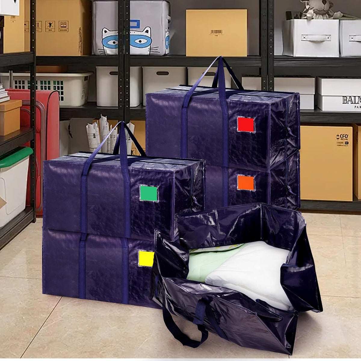 12 Pack Moving Bags with Full-Open Side Zipper, Extra Large 93L Heavy Duty Waterproof Foldable Storage Totes for College Dorm, Moving & Home OrganizationDarkBlue
