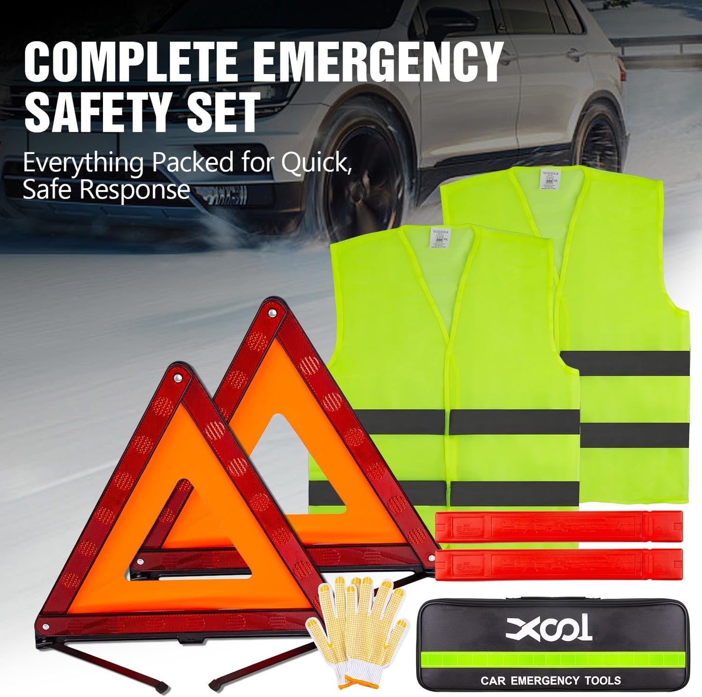 XOOL Emergency Warning Triangle Kit – Roadside Safety Kit with Reflective Warning Triangles, High-Visibility Safety Vests, Storage Bag & Gloves for Car Breakdowns & Emergencies