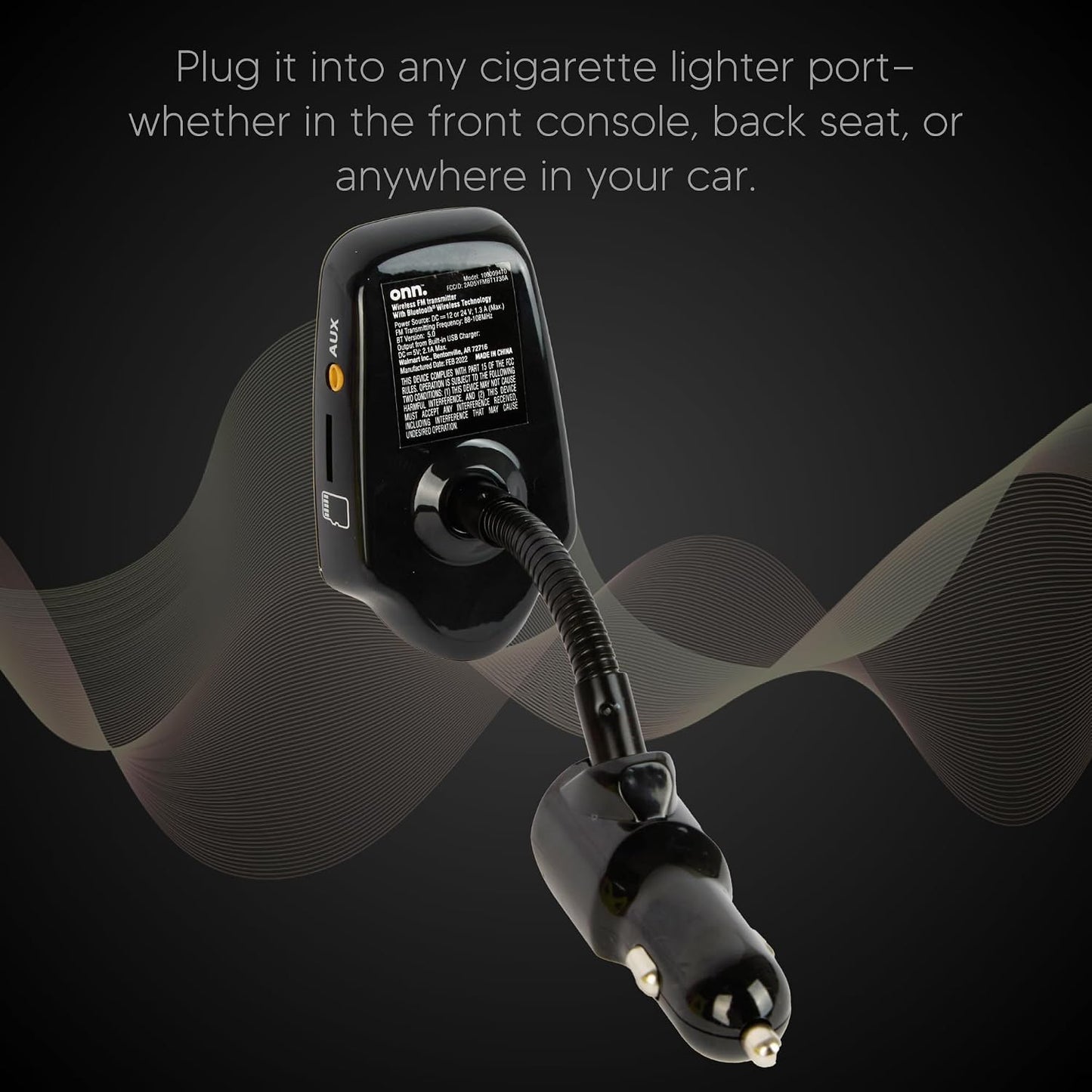 ONN FM Transmitter for Car - Bluetooth Car Adapter, Dual USB Fast Charging, Stable Bluetooth 5.0, 1.44" LCD Display, Hands-Free Calling, Flexible Gooseneck, AUX & MicroSD, 12V-24V, Black