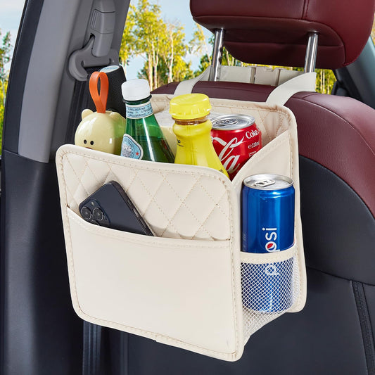 LXUNYI Back Seat Car Organizer, Large Car Seat Organizer with Cup Holders Multifunctional Over the Car Seat Organizer Backseat Hanging Leather Car Seat Organizers and Storage Bags(Beige 1Pack)