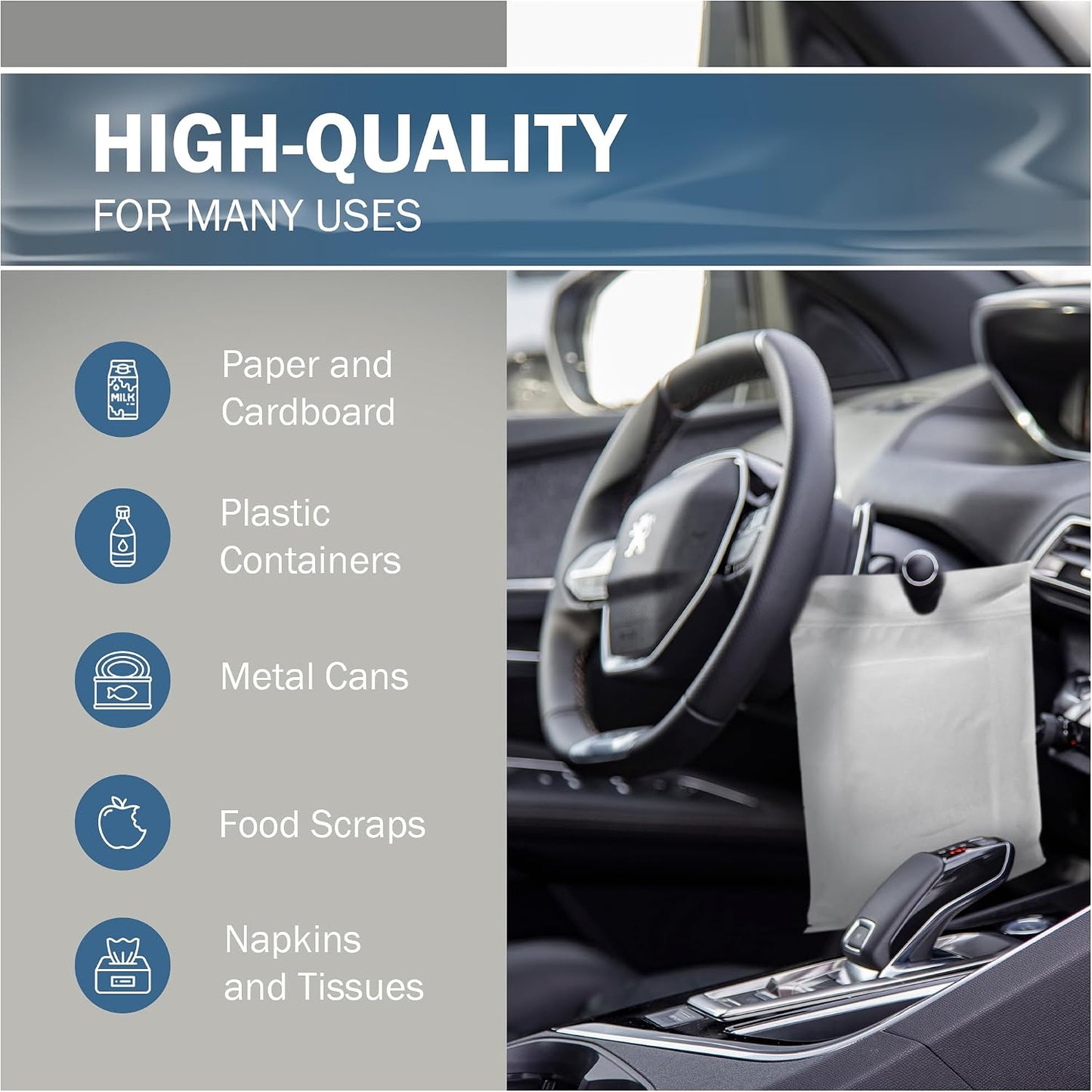 9x12 White Disposable Car Trash Bags, Leak-proof, Small Size, 50 Pack, 2 Mil Thick, with Die-Cut Handles by PPB