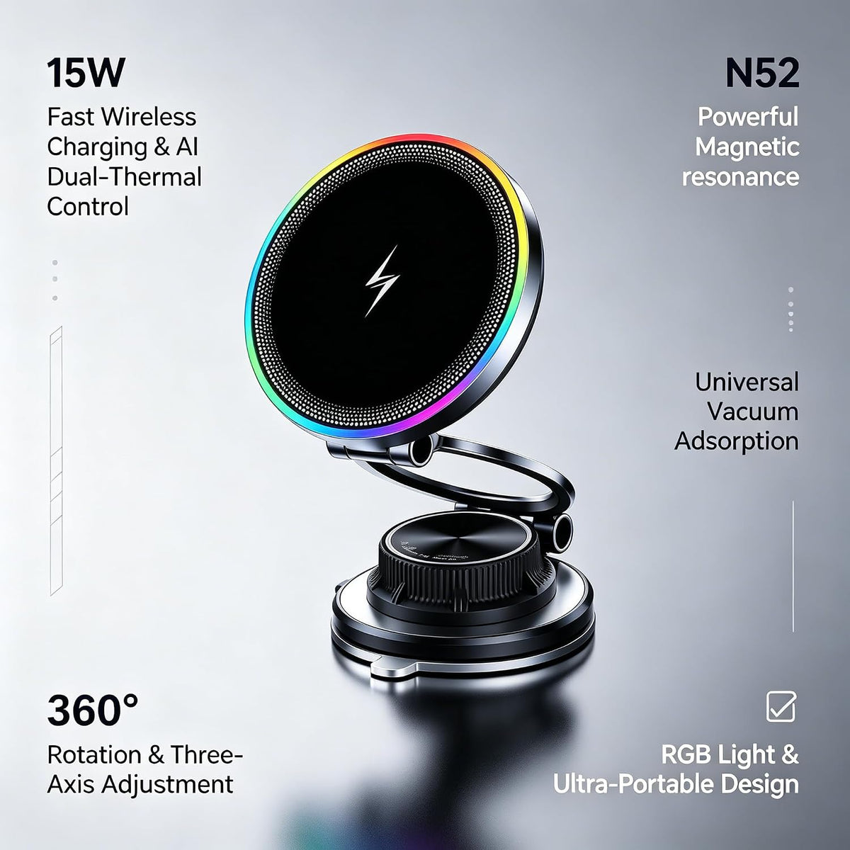 15W Fast Wireless Car Charger, Magnetic Dashboard Phone Holder, 360 Rotating Foldable Bracket, Compatible with MagSafe, Strong N52 Magnet & Gel Suction for iPhone17/16/15 pro and Samsung (Black)
