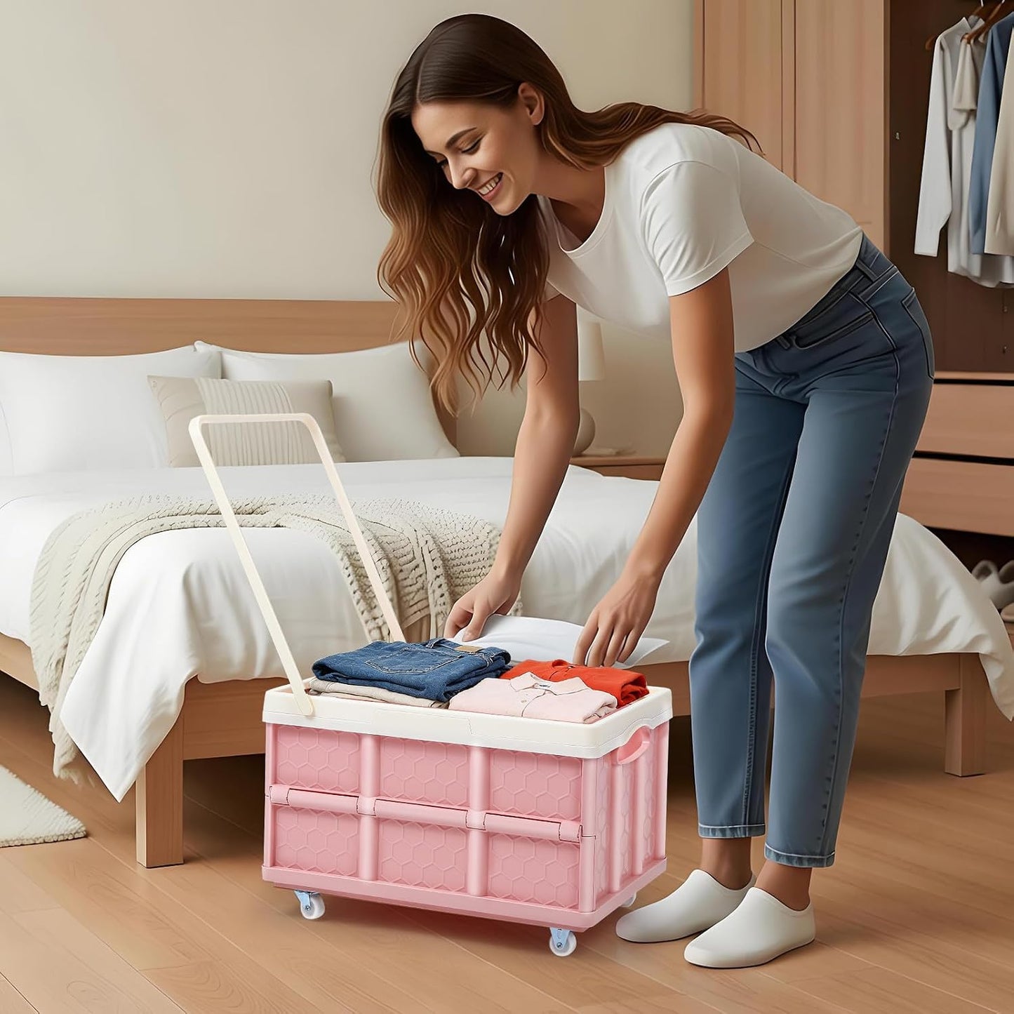 Collapsible Storage Bins with Lids And Wheels, Stackable Folding Storage Boxes for Clothes Toys Books, Home Garage Car Organizer Pink