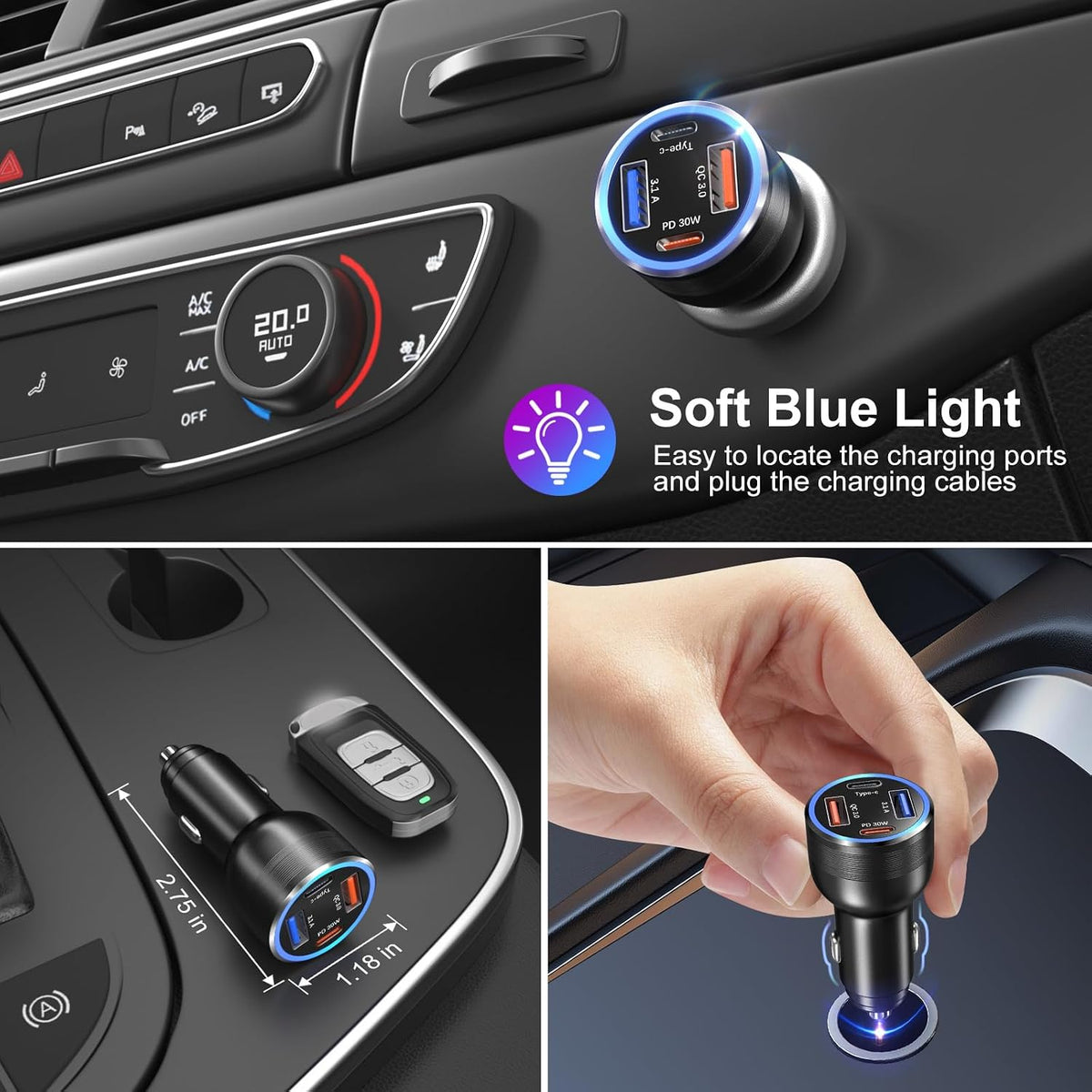 USB C Car Charger, 65W 4-Port Super Fast Charging Cigarette Lighter Adapter