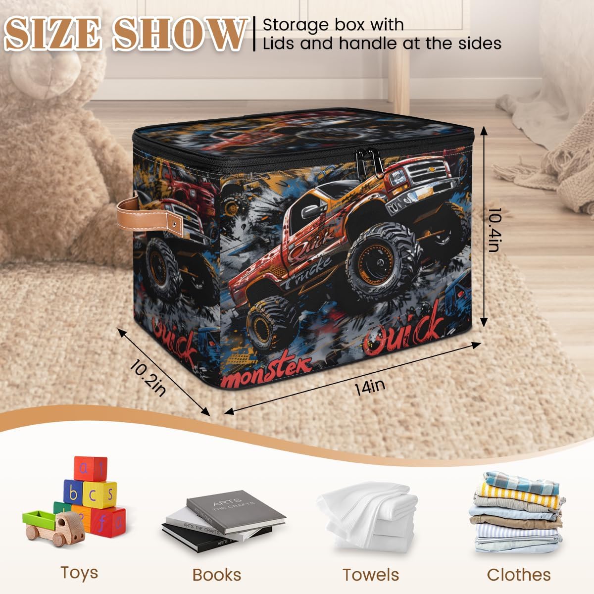 Storage Bin with Lid, Stackable Closet Storage Bins, Cool Trucks Decorative Bedroom Organizer Box, Lidded Baskets Living Room Storages Boxes Cube Organizer, Cute Container with Handles