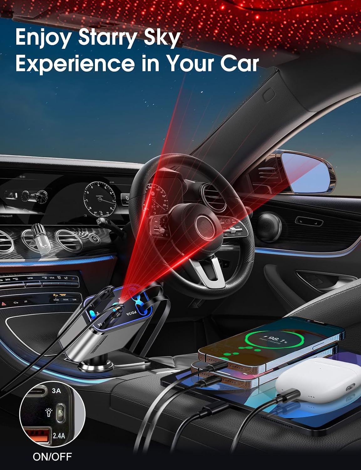 Retractable Car Charger 120W Fast Charging with Starlight,4 in 1 Universal Car Phone Charger,Built-in Type-C & Applehead Cable,Car Road Trip Retractable Accessory for iPhone,IPad,Samsung Galaxy,Pixel