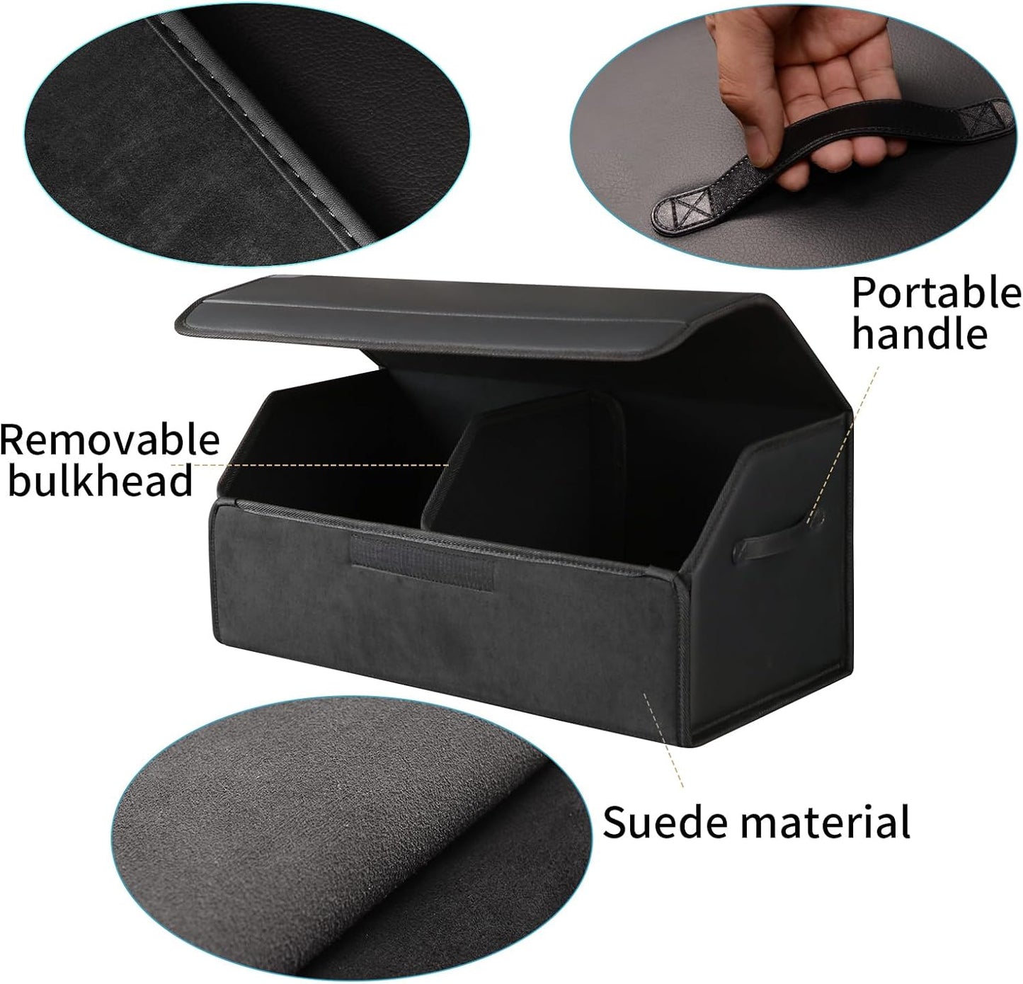 car organizers and storage for SUV,trunk organizer for sedan, leather foldable sleek box with lid,collapsible cargo bins, tool accessories containers,Collapsible Suede velvet (22 inch Covered)