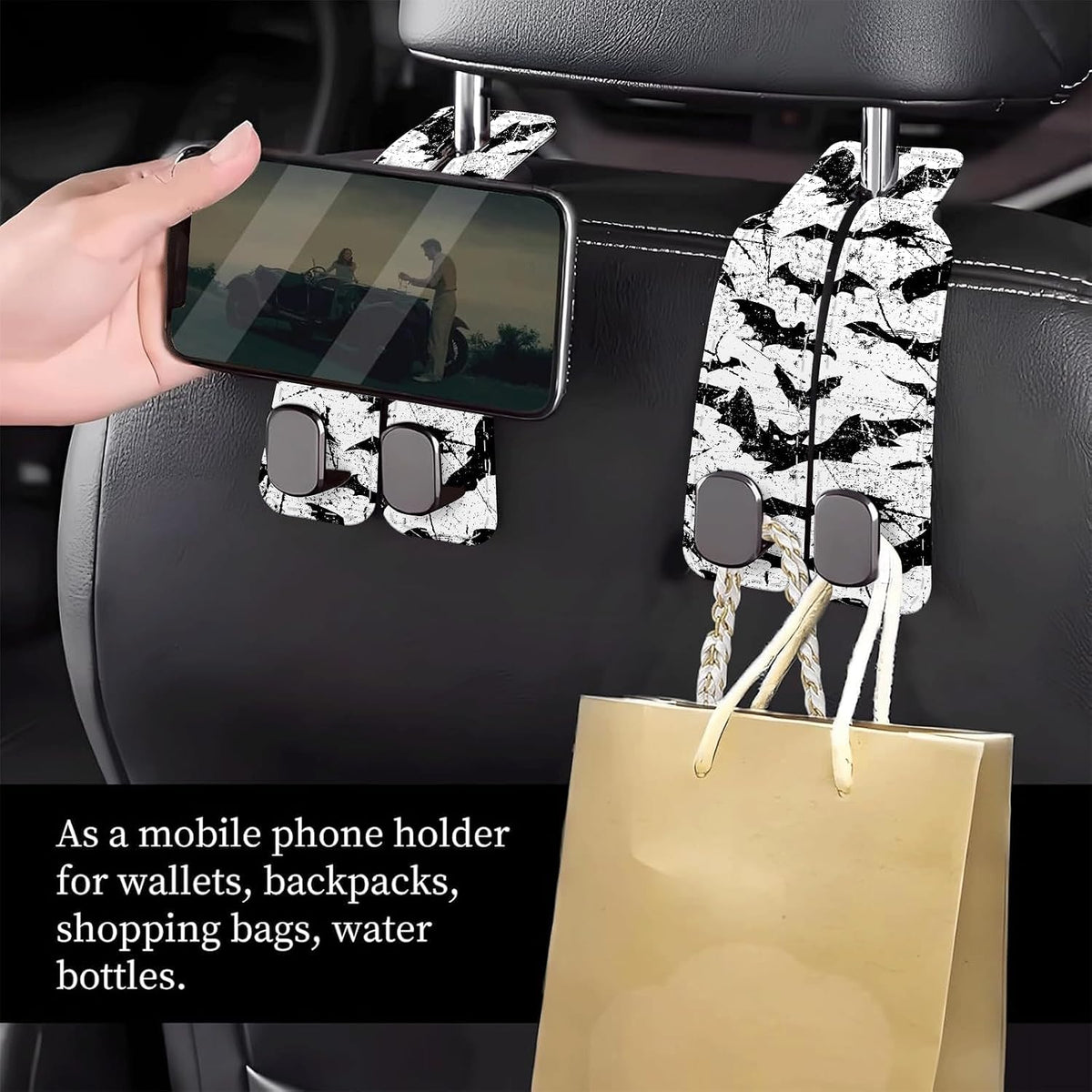 Car Seat Headrest Hook, Universal Leather Cute Hanger Holder Hook, Storage Organizer Interior Accessories for Purse Bags Handbag Black White Bats