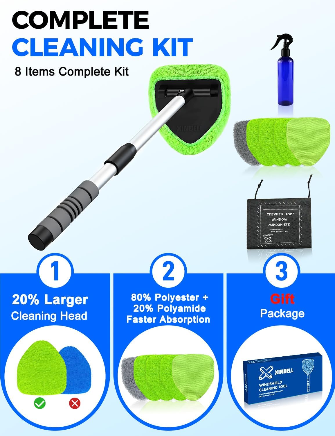 XINDELL 24-inch Windshield Cleaner Tool – Upgrade Large Head Car Interior&Exterior Window Cleaning Kit with Extendable Handle & 4 Microfiber Pads, Auto Wiper Brush for Car, Trucks, SUVs, RVs & Home