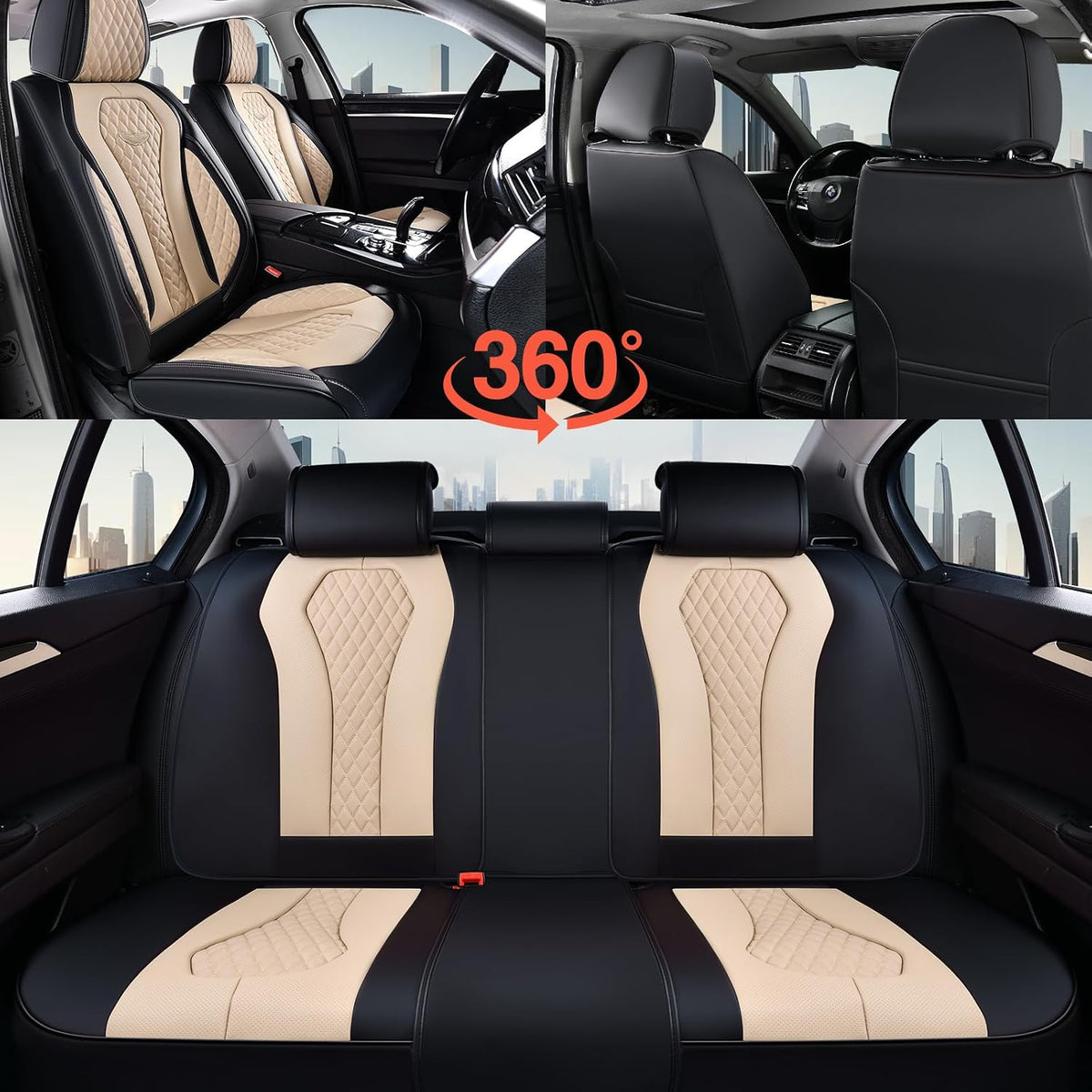Coverado Car Seat Covers, Leather Seat Covers Full Set, Beige Seat Covers, Car Seat Cushion, Driver Car Seat Covers, Waterproof Car Seat Protector Fit for Most Cars