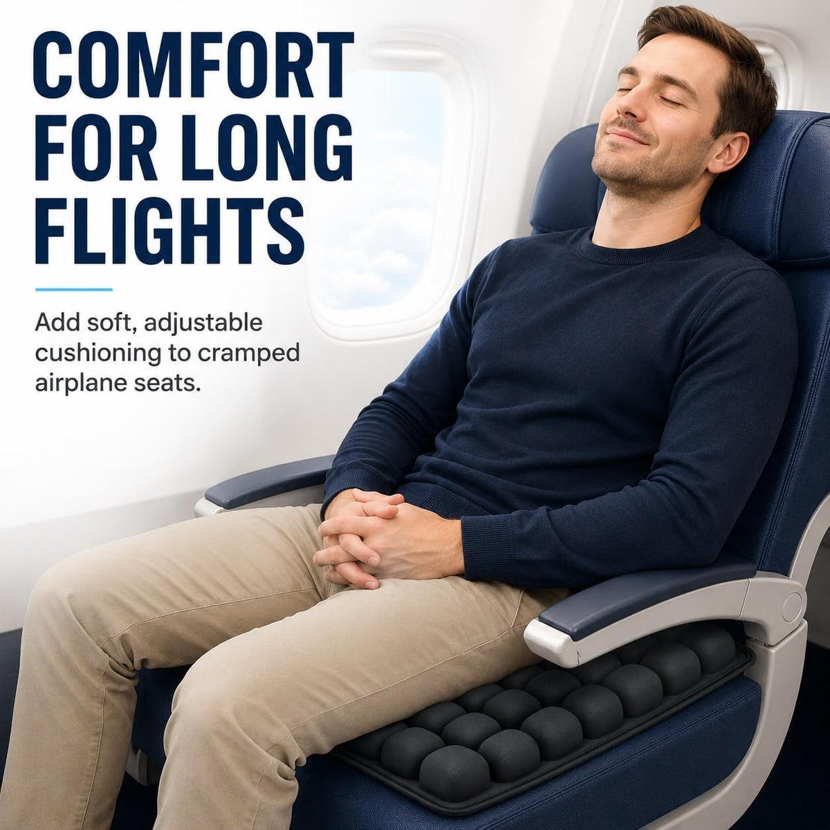 Inflatable Travel Seat Cushion with Built-in Pump - Compact Airplane Seat Cushion for Long Flights - Ergonomic Air Pad for Car, Stadium Bleachers & Desk Chair Comfort (Dark)