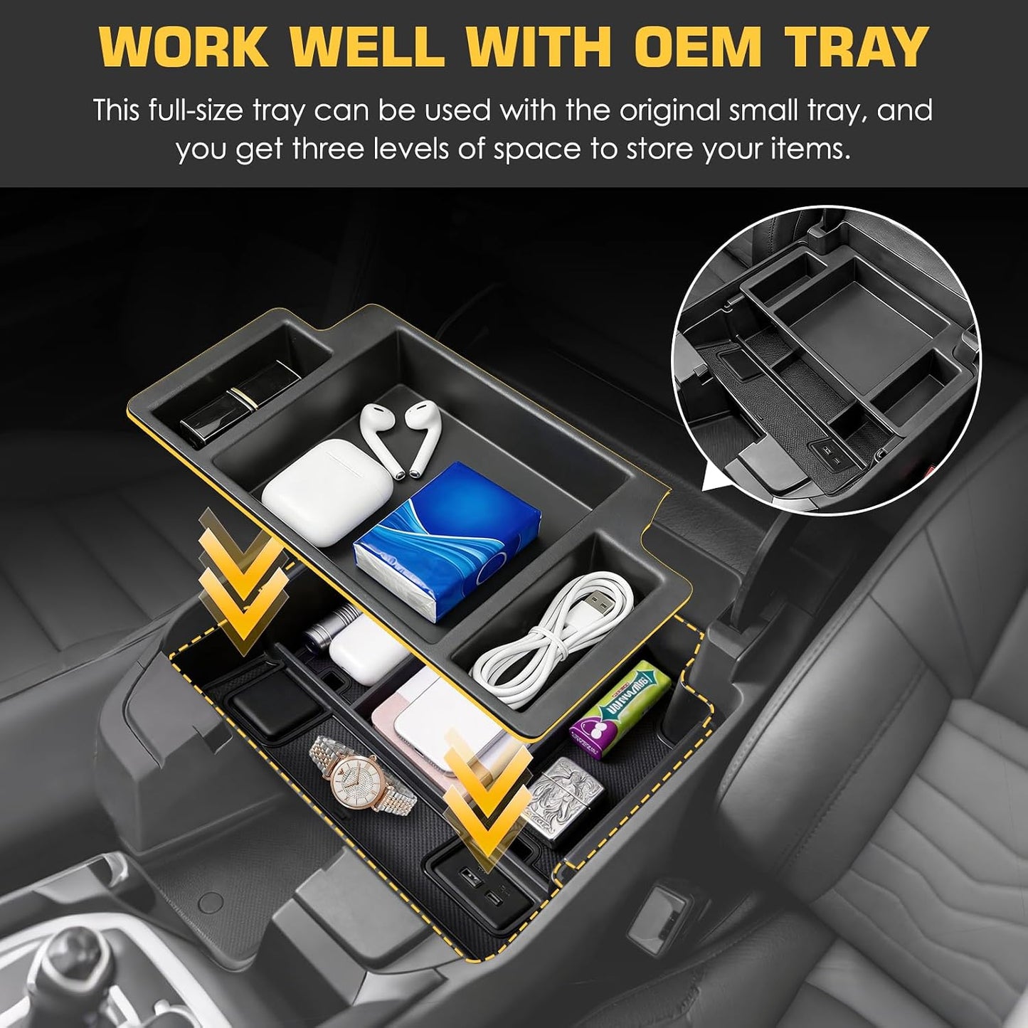 Center Console Organizer for Refreshed 2022-2026 Chevrolet Silverado/GMC Sierra 1500 Accessories, Full Armrest Box Storage Tray for 2024-2026 Chevy Silverado/Sierra 2500HD 3500HD, Bucket Seats ONLY