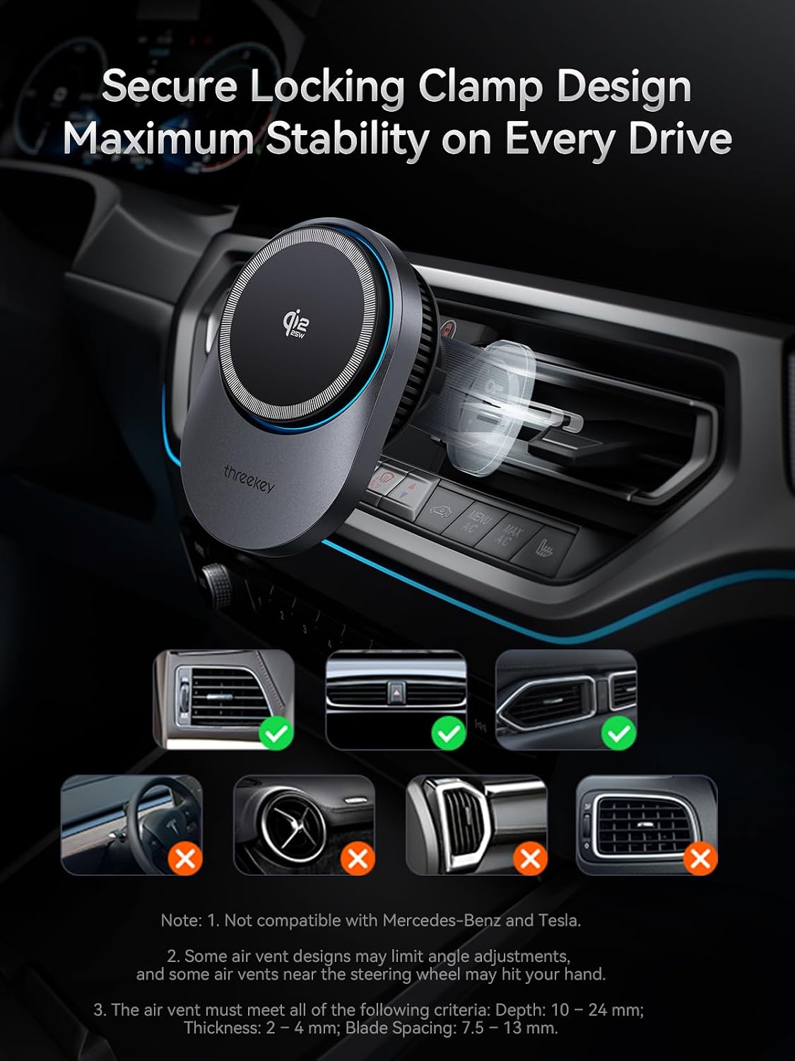 THREEKEY Magnetic Car Mount Charger Lite Qi2 25W Charging with TEC Cooling