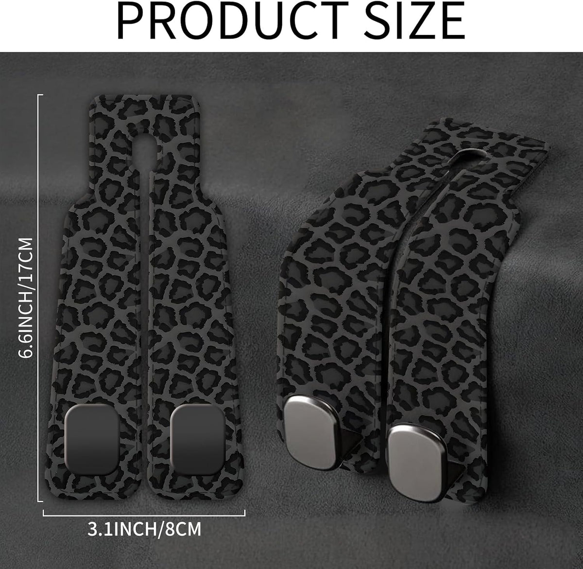 Car Seat Back Storage Headrest Hook, Premium Leather Double Metal Hook, Hanger Storage Organizer for Purse Cloth Bag, Car Interior Accessories Cute Black Leopard