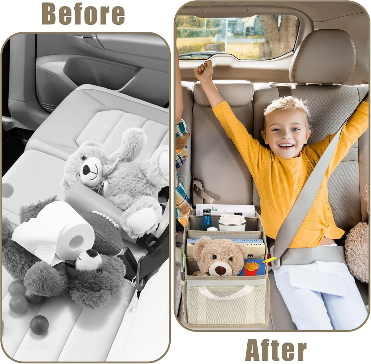Honeydak Passenger Seat Organizer, Collapsible Car Storage for Console Front/back Seat with Multi-pockets Car Caddy Organizer Suv Truck for Kids Adults Accessories(Beige,4 Compartments)