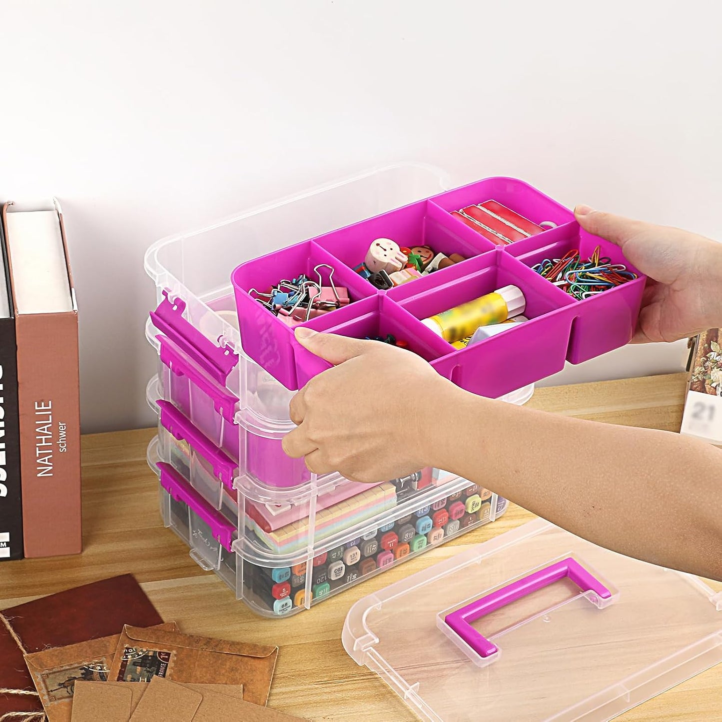 JUXYES 4-Tiers Stack Carry Storage Box Clear Storage Bin Container, Purple | 2 Divided Tray, Transparent Stackable, Handle Lid Latching, School & Office Supplies