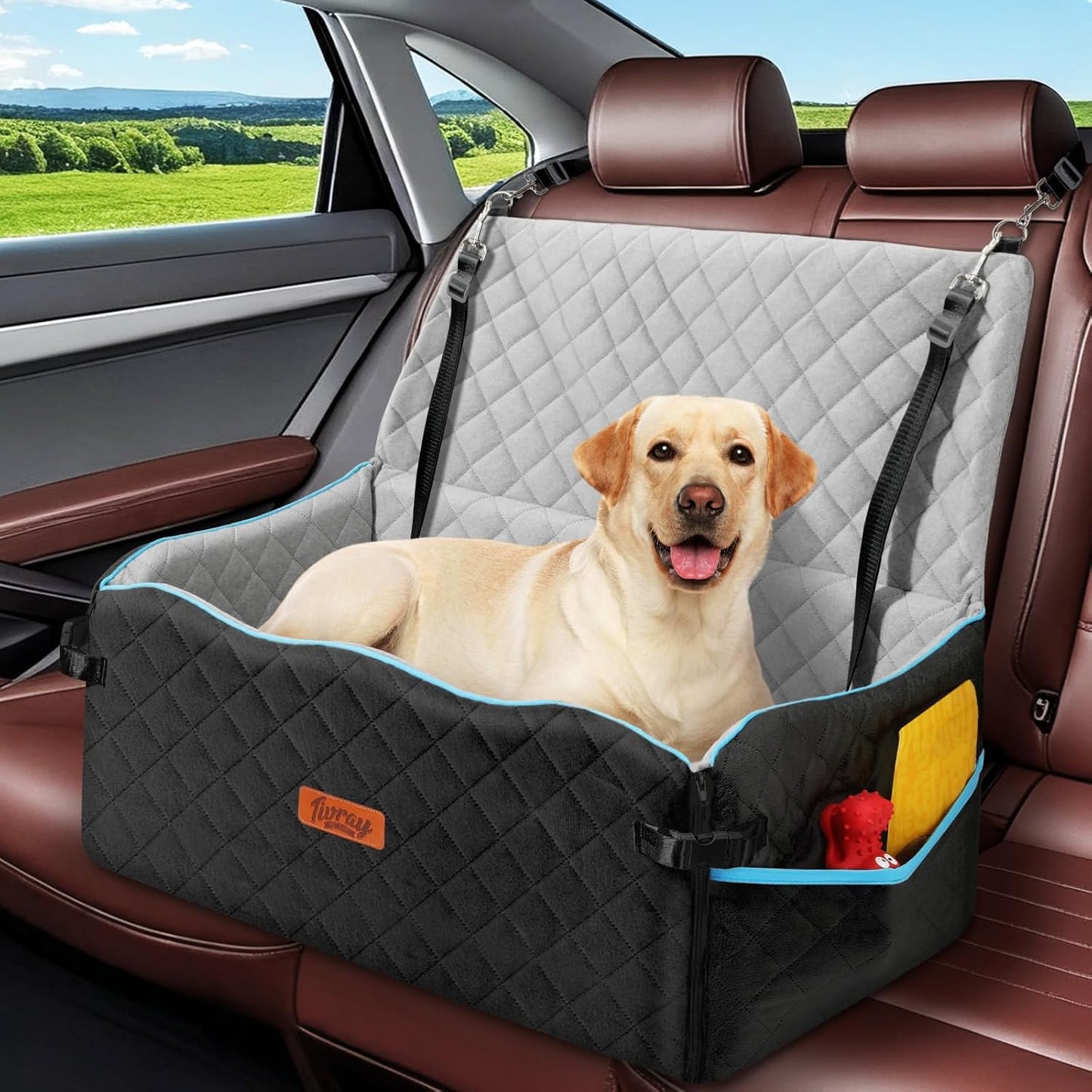 Large Dog Car Seat, Dog Car Bed for Large Dogs Under 60 lbs or 2 Small Breeds, Comfortable Pet Booster Seat with Soft Foam Thick Cushion, Detachable & Washable Pet Bed for Backseat, Black+Grey