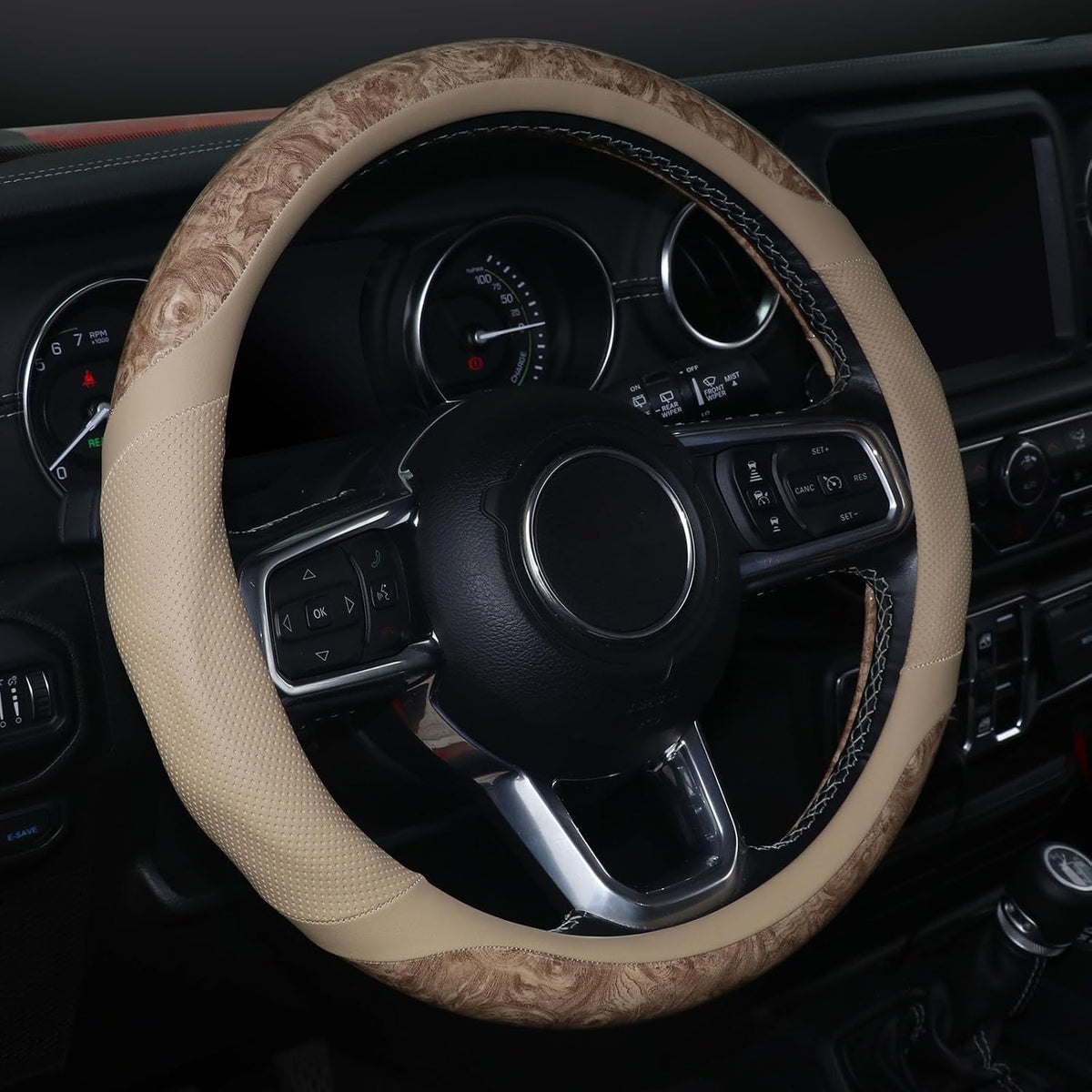 KAFEEK Wood Grain Steering Wheel Cover, Microfiber Leather, 15 Inch