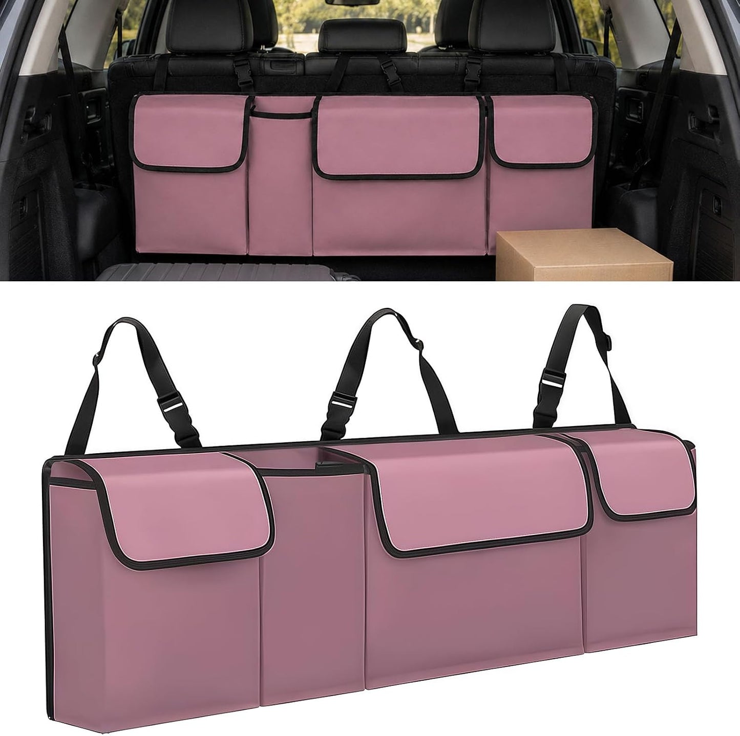 Car Trunk Organizer, Waterproof Backseat Hanging Large Storage with Adjustable Straps, Collapsible Cargo Bag with 4 Pockets, Sturdy Space Saver Frees Trunk Floor for SUV, Truck, MPV (Black)