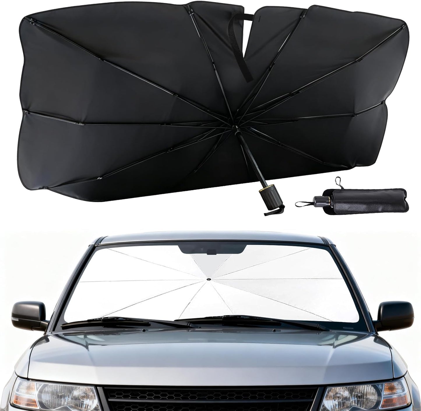 General Windshield Sun Shade Umbrella,Vinyl Titanium Silver Coating Heat Shield, UV Protection Protects car interiors,Suitable for Multiple Vehicle Models Large Foldable,55" L x 31.5" W