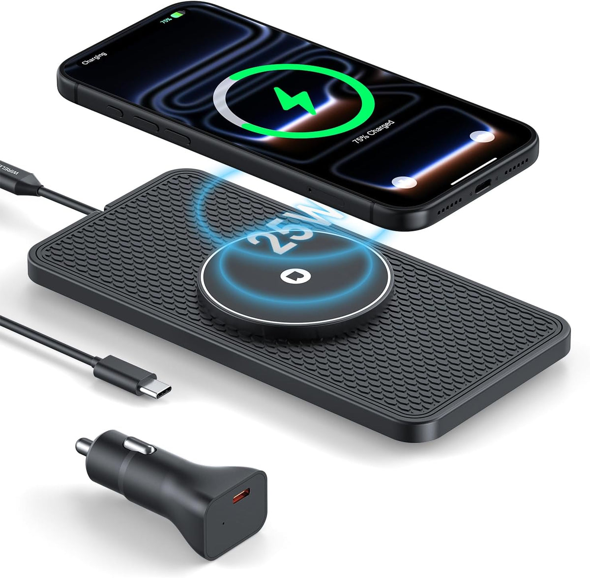 25W Magnetic Wireless Car Charger Pad, REESTECQI for MagSafe Car Charger with 45W USB-C Car Charger, Anti-Slip Wireless Charging Pad for Car Compatible with iPhone 18 17 16 15 14 13 12 (30CM Cable)