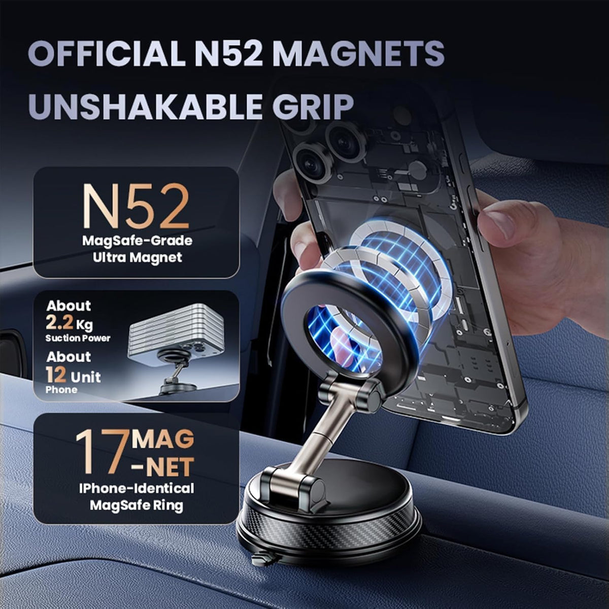 Vacuum Magnetic Car Phone Holder, Strong Suction Cup Mount with Secure Lock