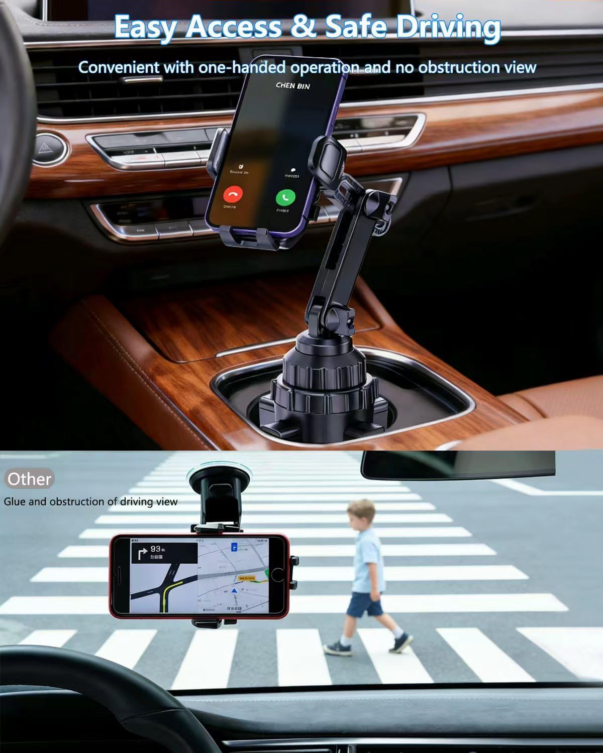 Universal Car Cup Holder Phone Mount with Detachable Base & Long Neck, 360° Rotating for No-Shake View, Securely Fits 65-106mm Large Truck/SUV Cups, Compatible with All 4-7 Inch Smartphones