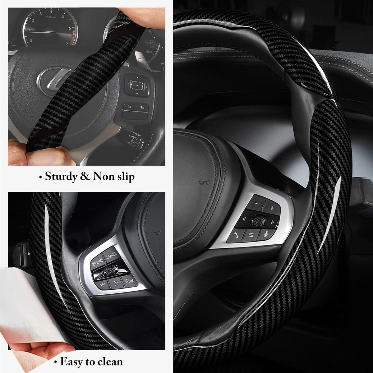 Carbon Fiber Steering Wheel Cover Universal 3pcs Protector Glossy Black