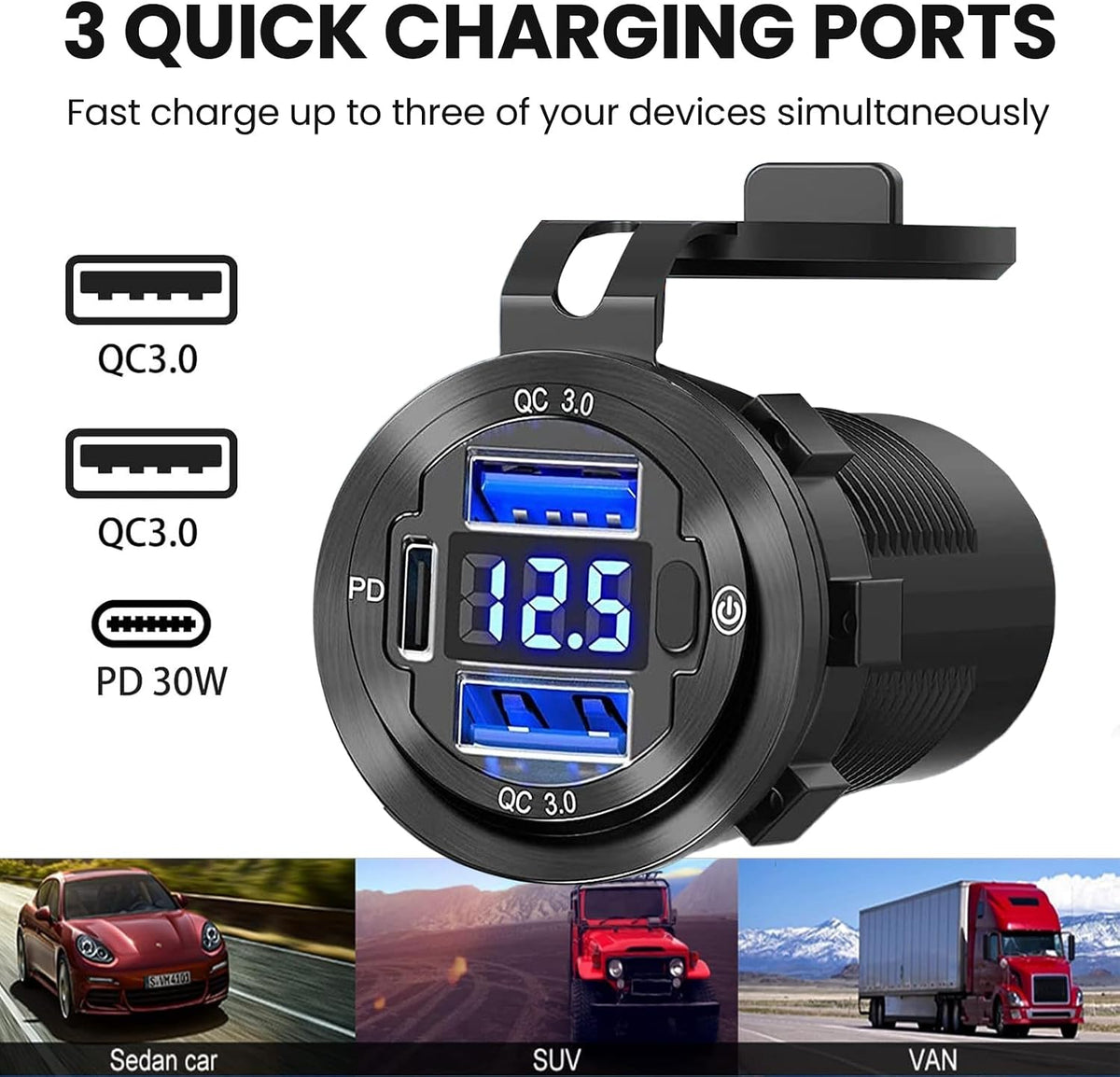 12V USB Car Socket, 3-Port Marine Aluminum USB Quick Charge Waterproof Cigarette Round USB C 12V Outlet for Car Golf Cart Boat Marine Bus Truck RV Marine Motorcycle etc(2QC+1PD(1Pack))