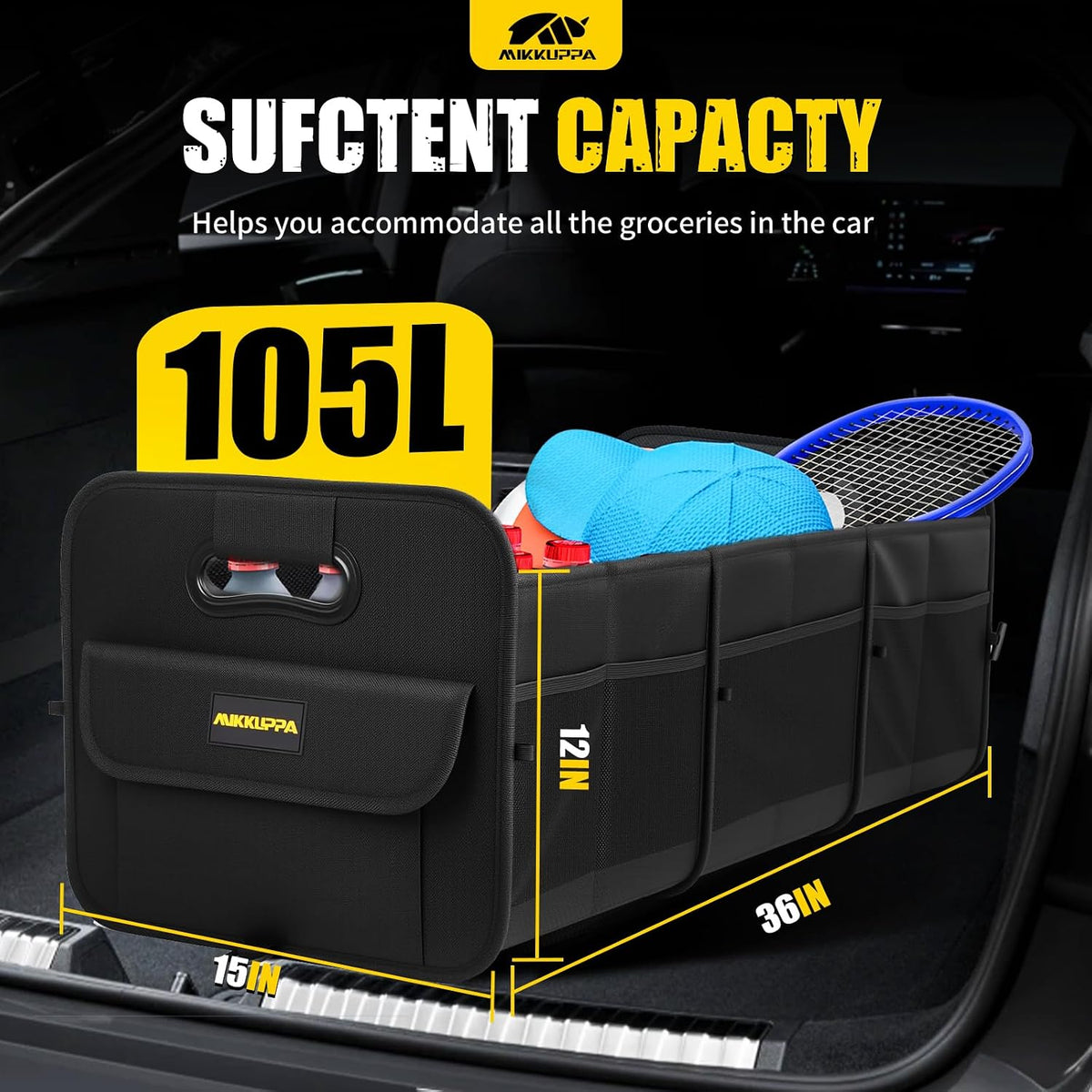 MIKKUPPA Car Trunk Organizer - 105L Collapsible SUV Trunk Organizer, Black