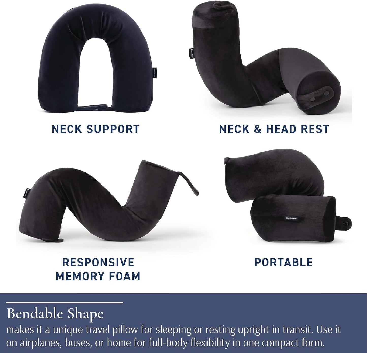 Brookstone Free Form Travel Pillow - Lightweight Flexible Memory Foam Travel Neck Pillow for Sleeping, Car, Airplane & Travel Support, Size: One Size, Black